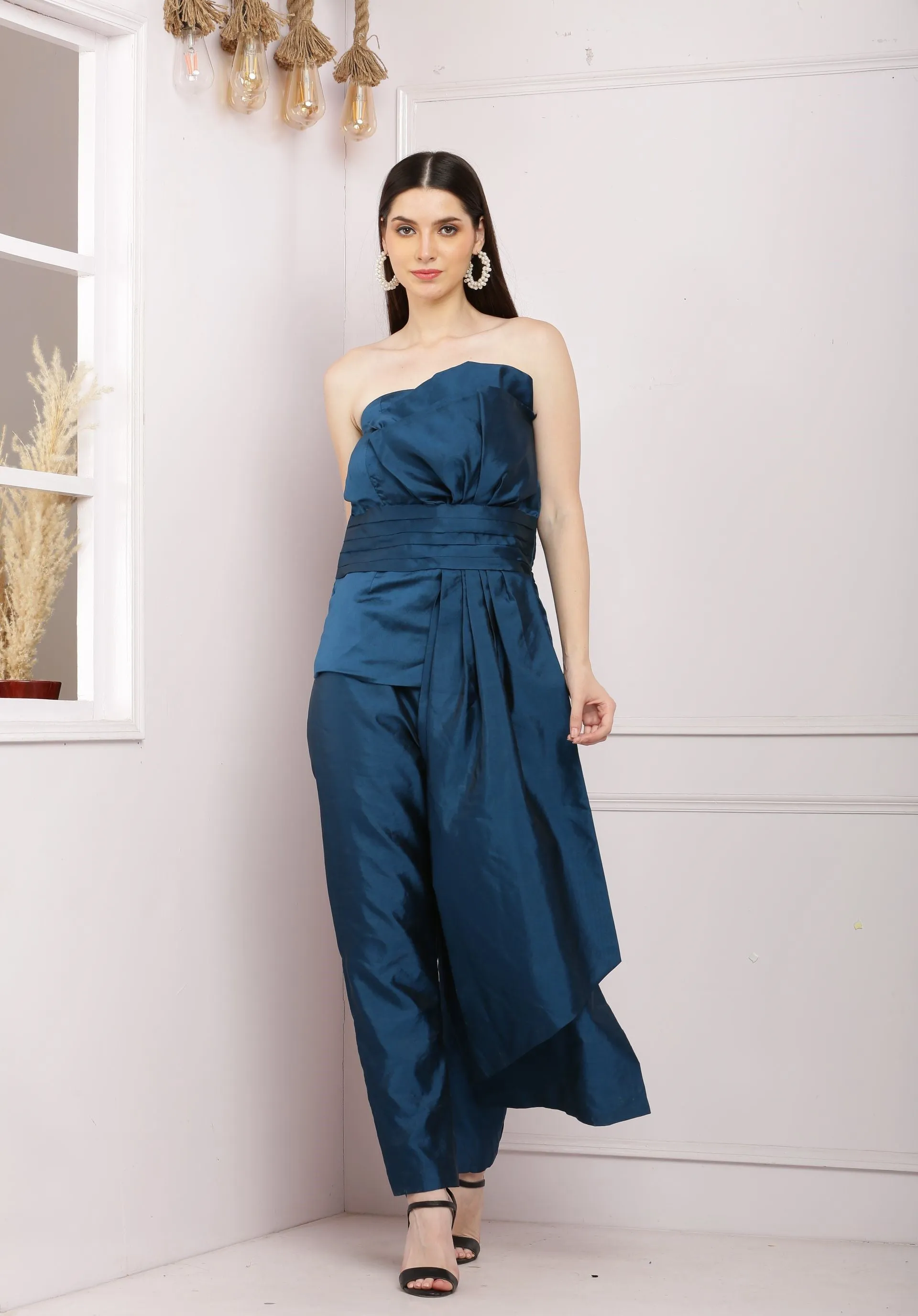 Stylish  Offshoulder Co ord Set With Pants - Dark Blue