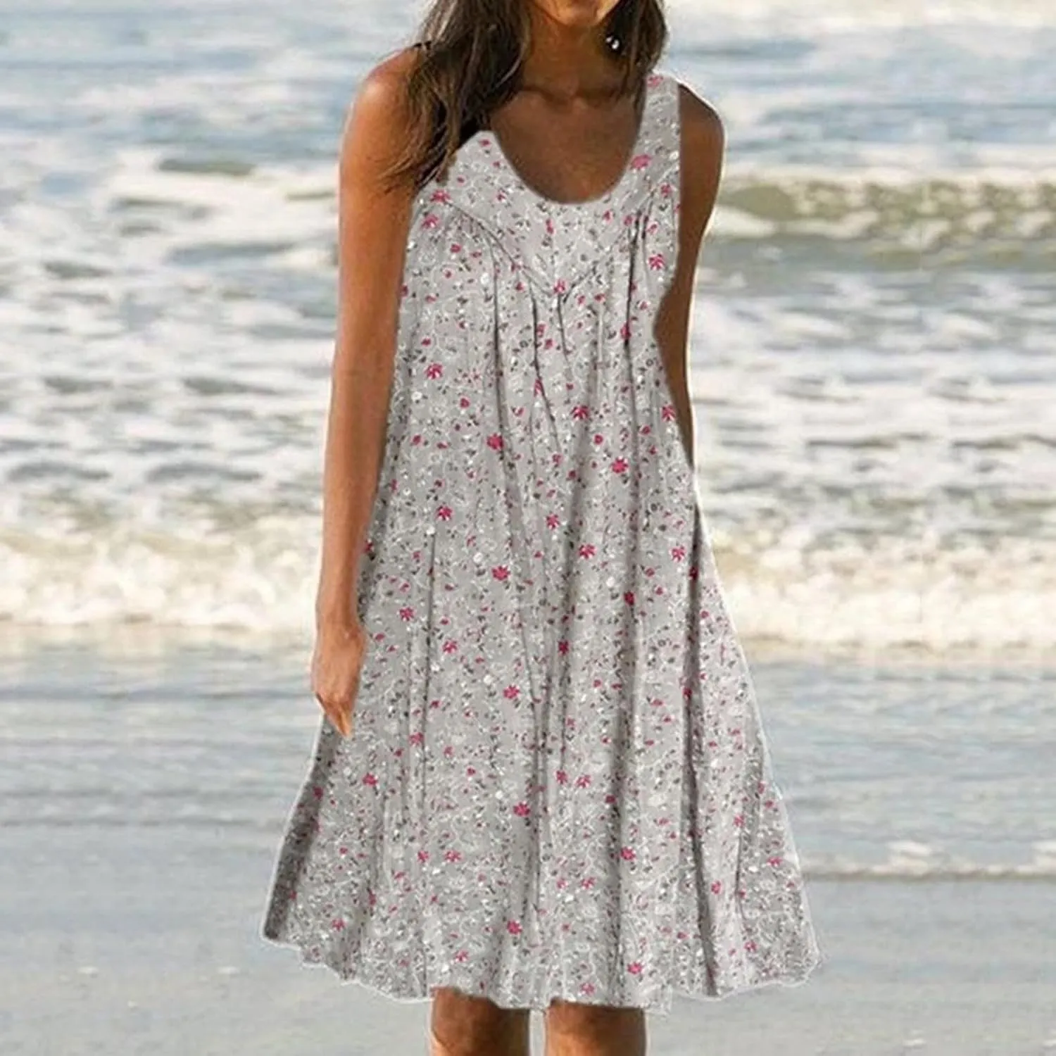 Sun Dresses Women Tank Top Dress Casual Summer Vacation Dress Short Dress Sleeveless Fashion Floral Dress with Pockets