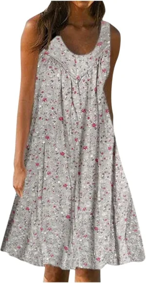 Sun Dresses Women Tank Top Dress Casual Summer Vacation Dress Short Dress Sleeveless Fashion Floral Dress with Pockets
