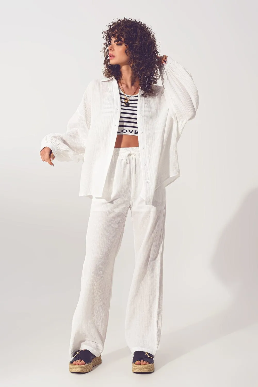 Textured Wide Leg Pants In White