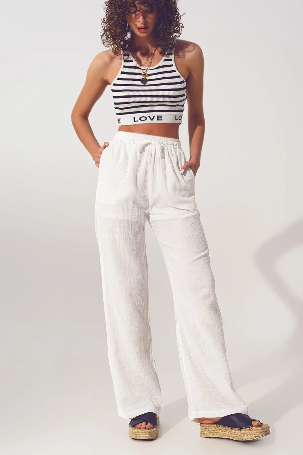 Textured Wide Leg Pants In White