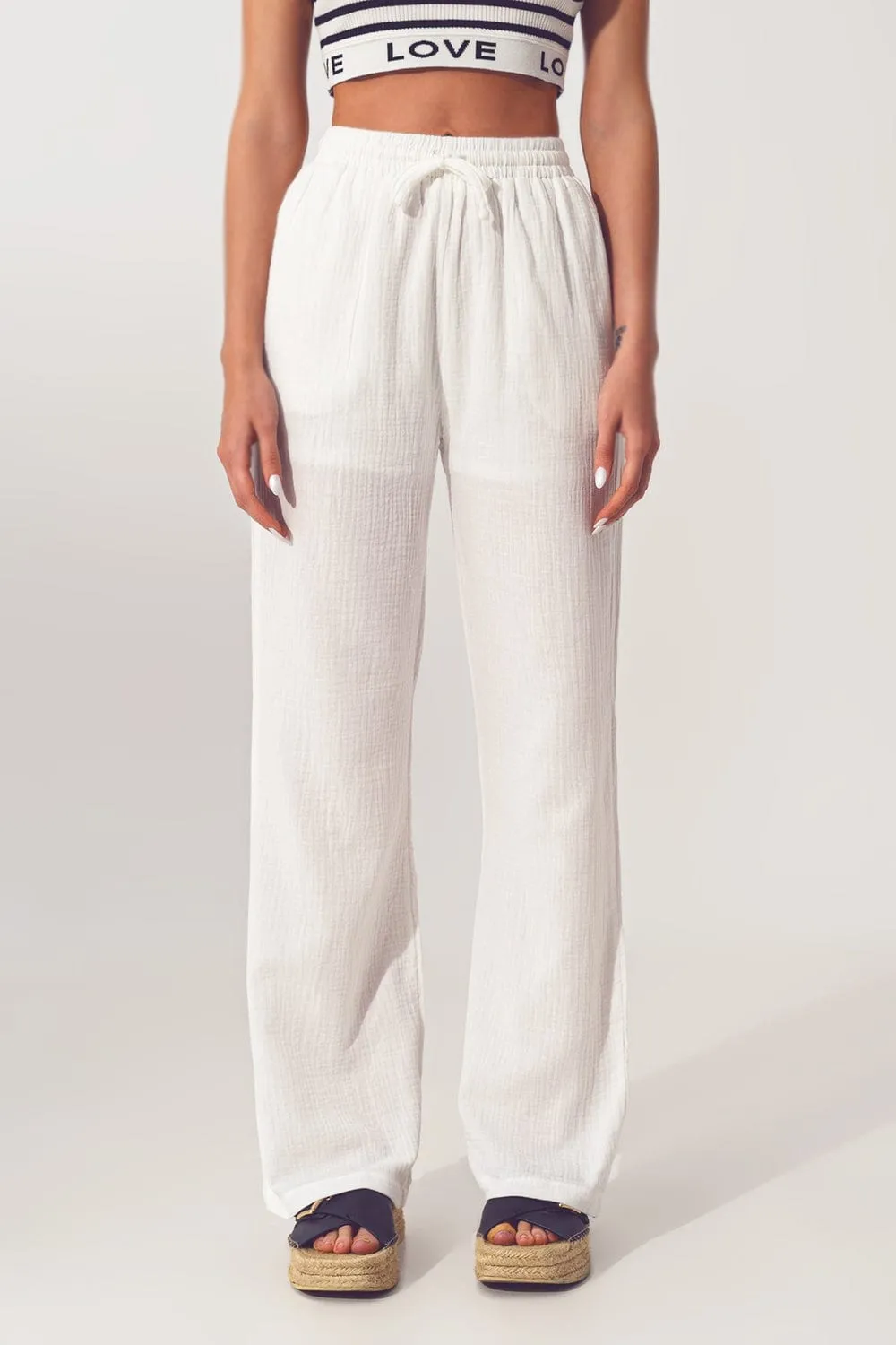 Textured Wide Leg Pants In White