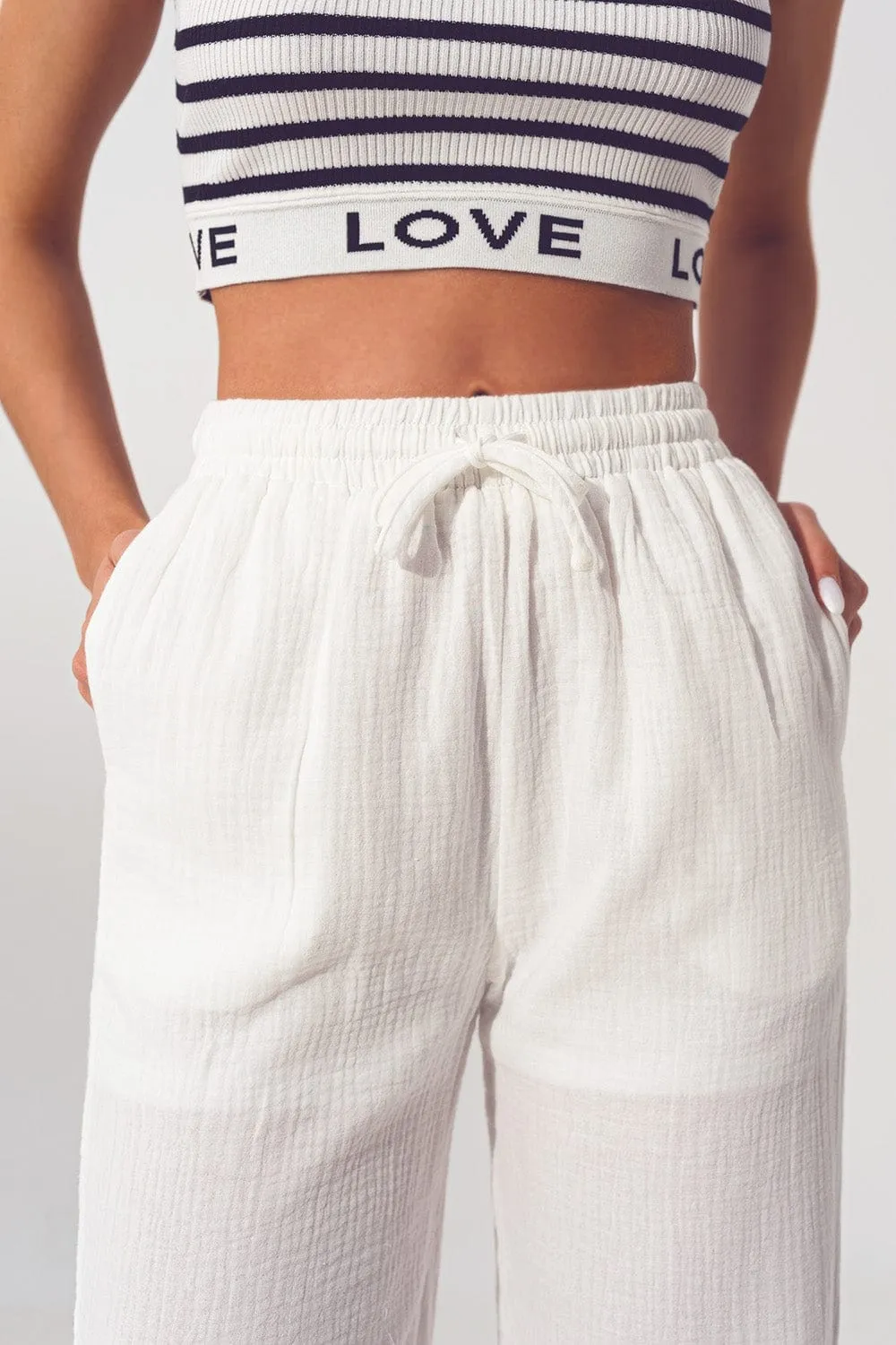 Textured Wide Leg Pants In White