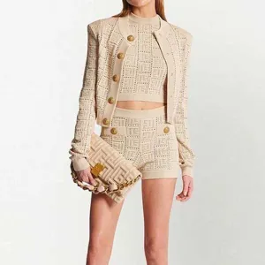 Trendy Chic Suit Knitted Cardigan Coat   Sleeveless Midi Dress Set Two Pieces Dress Suit