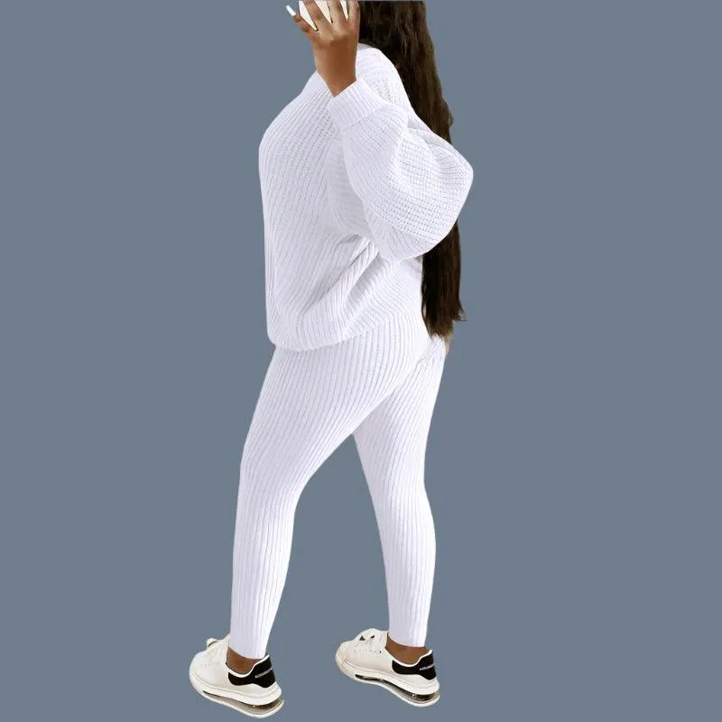Two-Piece Knitted Autumn Women's Casual Loose Fit Outfit Sweater & Pants Set