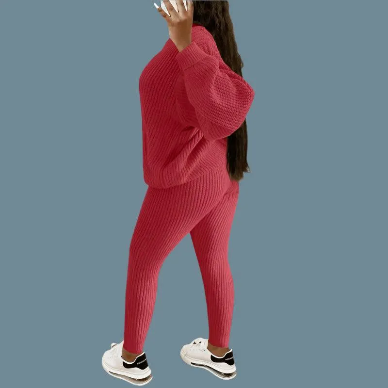 Two-Piece Knitted Autumn Women's Casual Loose Fit Outfit Sweater & Pants Set