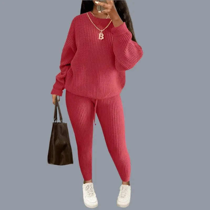 Two-Piece Knitted Autumn Women's Casual Loose Fit Outfit Sweater & Pants Set