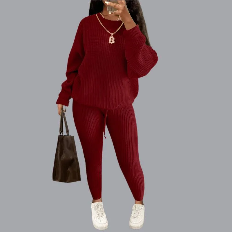 Two-Piece Knitted Autumn Women's Casual Loose Fit Outfit Sweater & Pants Set