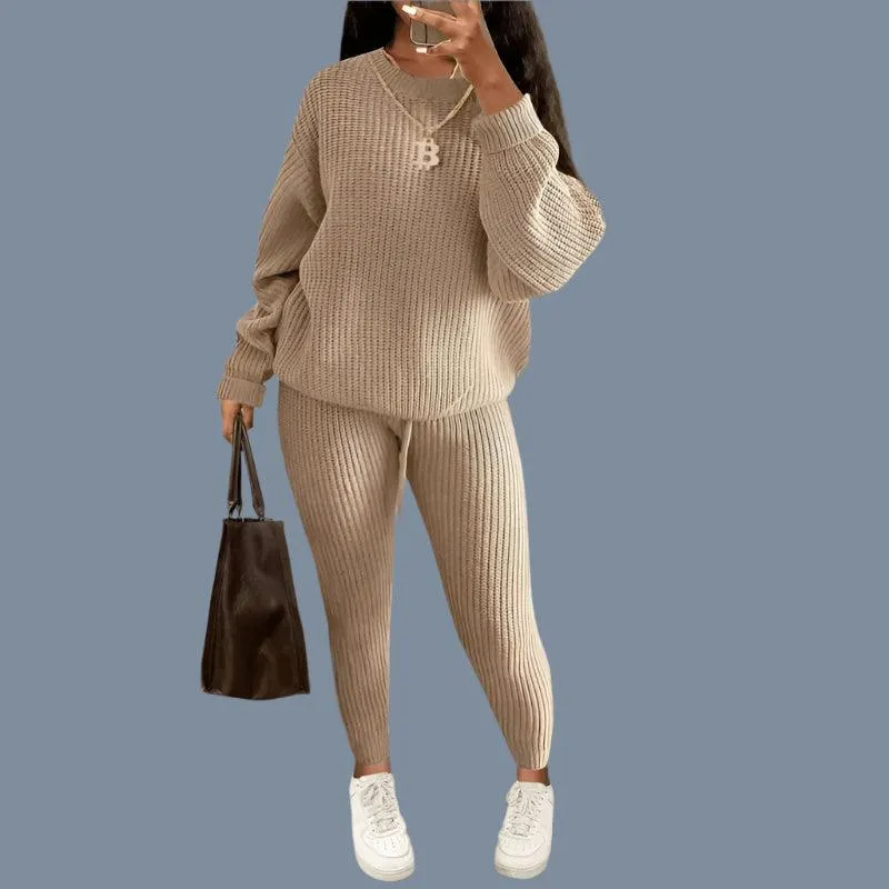 Two-Piece Knitted Autumn Women's Casual Loose Fit Outfit Sweater & Pants Set