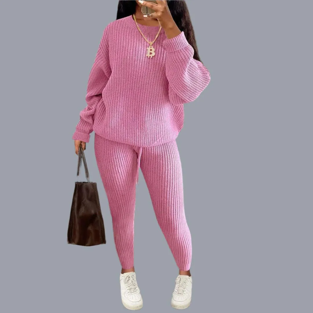 Two-Piece Knitted Autumn Women's Casual Loose Fit Outfit Sweater & Pants Set