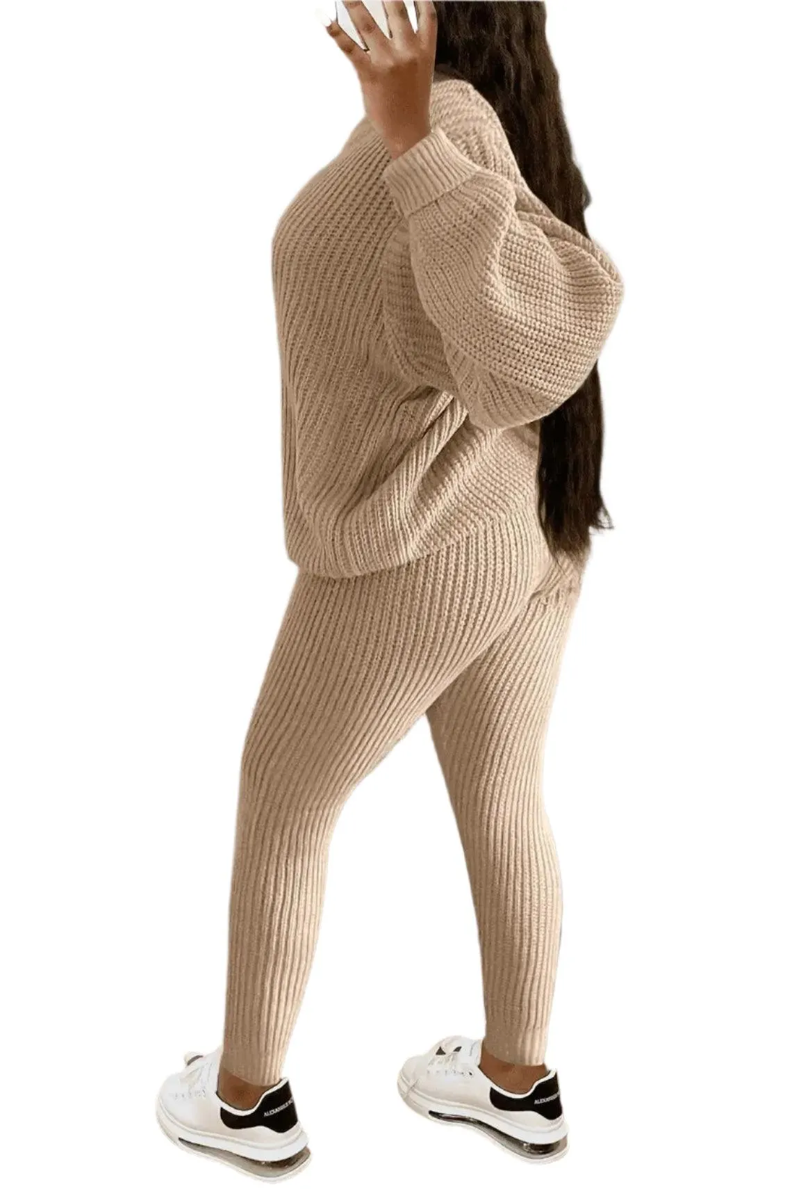 Two-Piece Knitted Autumn Women's Casual Loose Fit Outfit Sweater & Pants Set