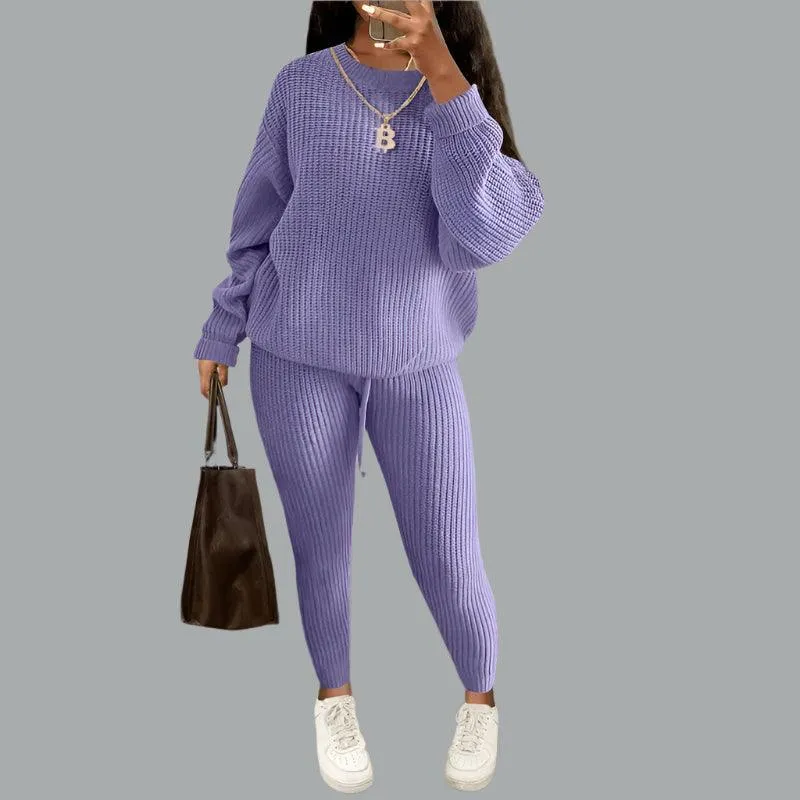 Two-Piece Knitted Autumn Women's Casual Loose Fit Outfit Sweater & Pants Set