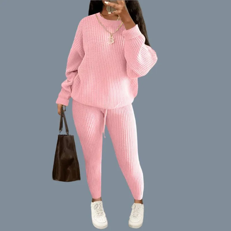 Two-Piece Knitted Autumn Women's Casual Loose Fit Outfit Sweater & Pants Set