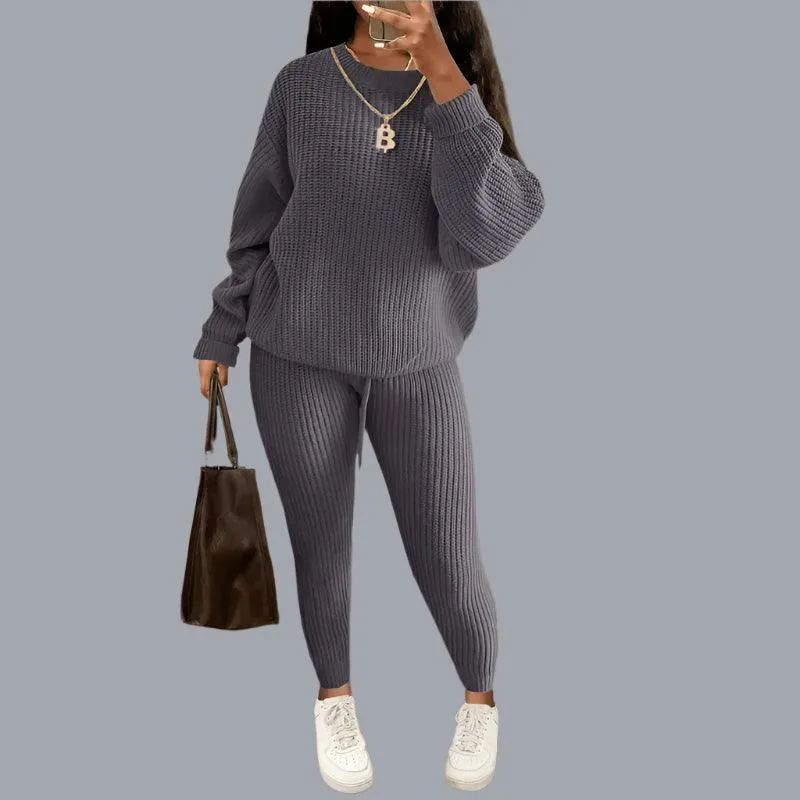 Two-Piece Knitted Autumn Women's Casual Loose Fit Outfit Sweater & Pants Set