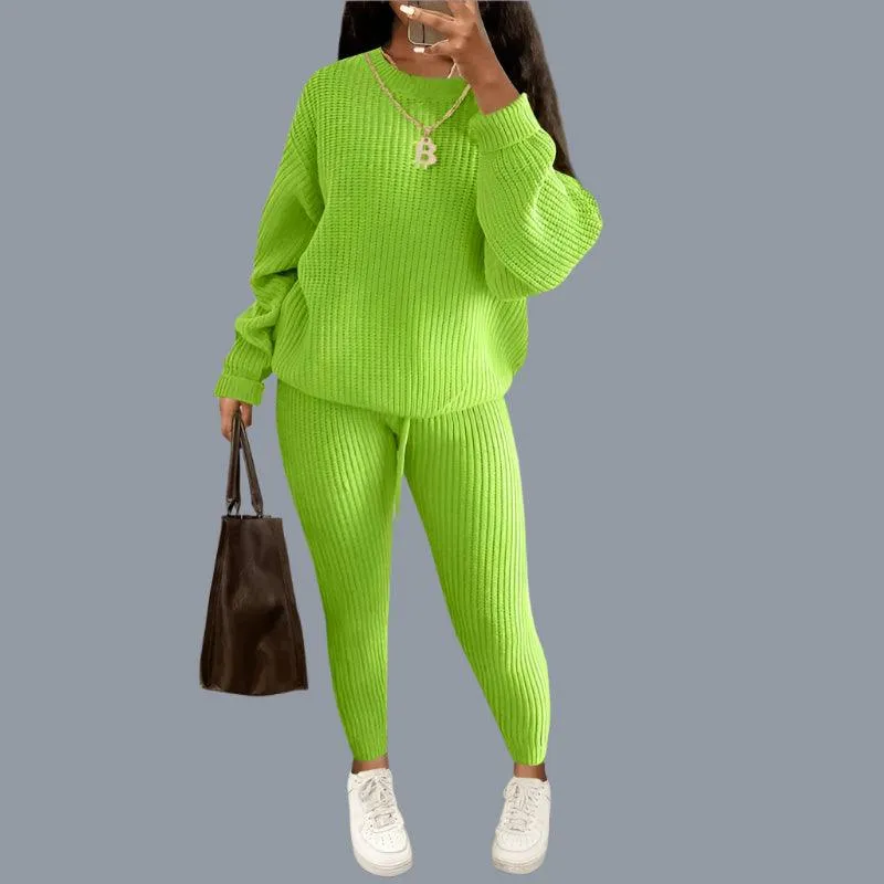 Two-Piece Knitted Autumn Women's Casual Loose Fit Outfit Sweater & Pants Set