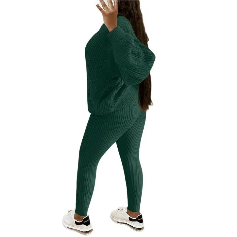 Two-Piece Knitted Autumn Women's Casual Loose Fit Outfit Sweater & Pants Set