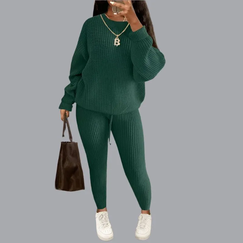 Two-Piece Knitted Autumn Women's Casual Loose Fit Outfit Sweater & Pants Set