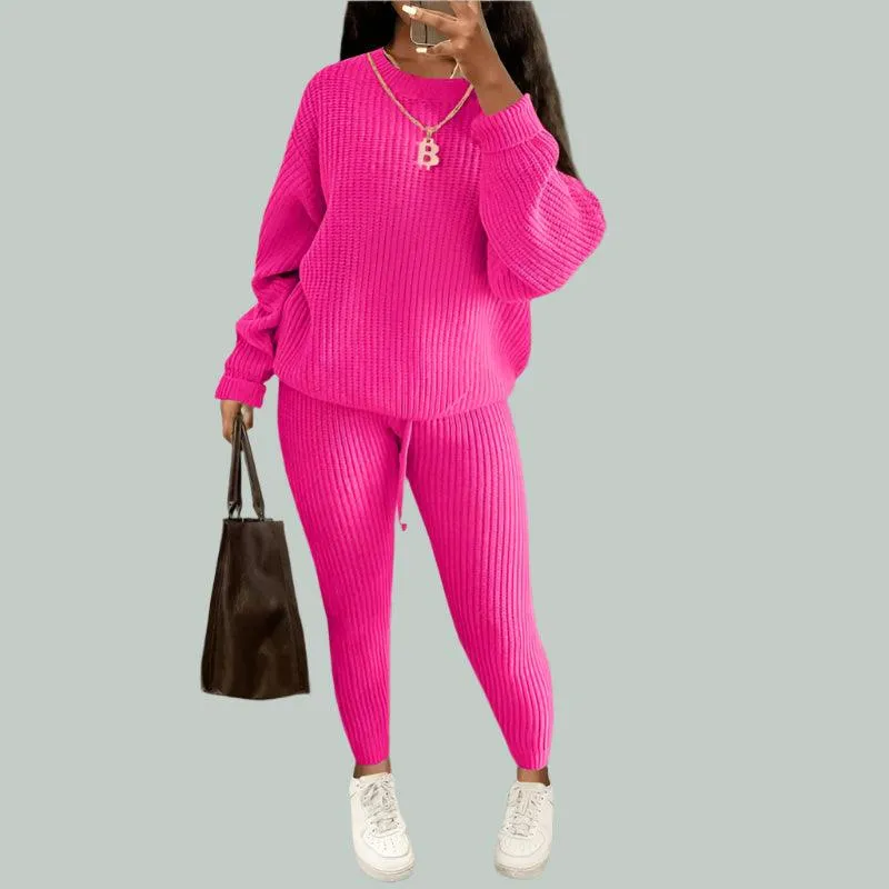 Two-Piece Knitted Autumn Women's Casual Loose Fit Outfit Sweater & Pants Set