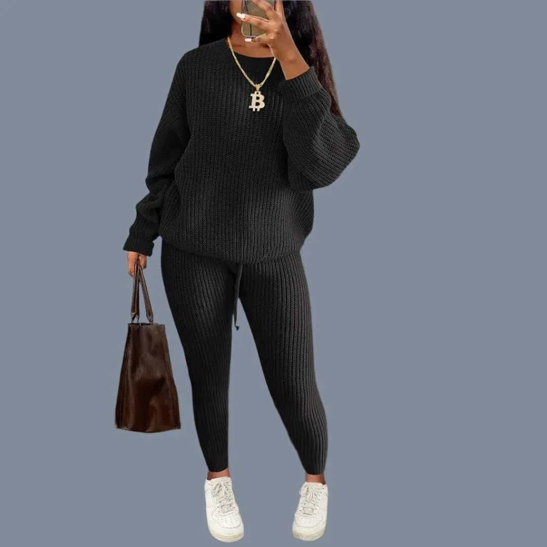 Two-Piece Knitted Autumn Women's Casual Loose Fit Outfit Sweater & Pants Set