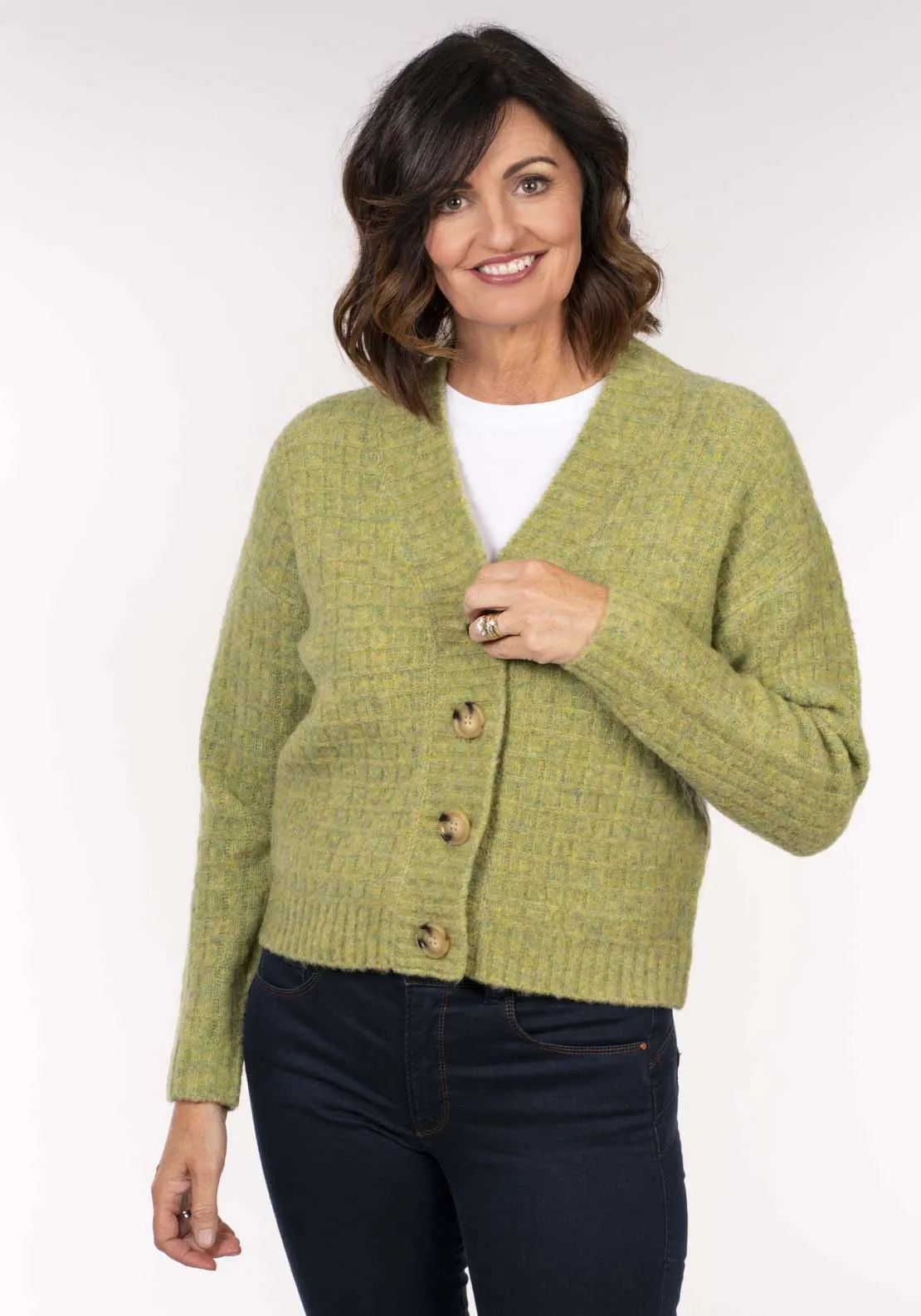 Waffle 3 Button Cardi - Green