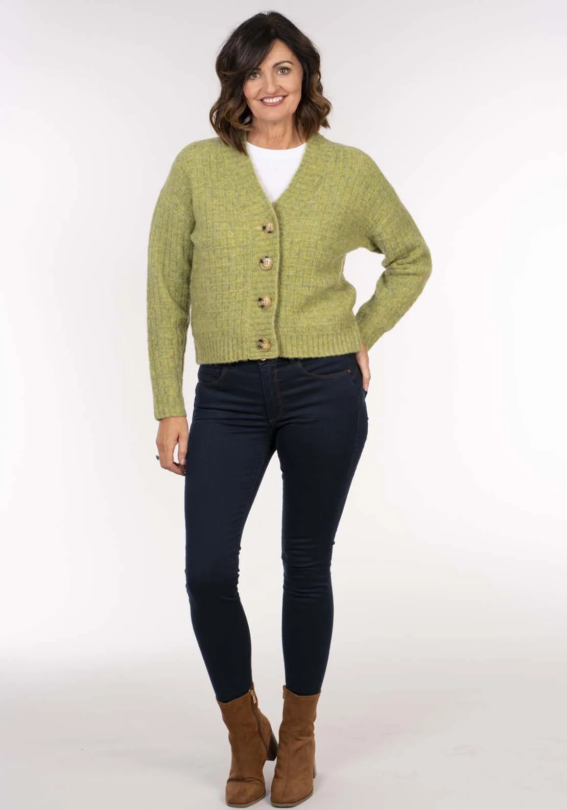 Waffle 3 Button Cardi - Green