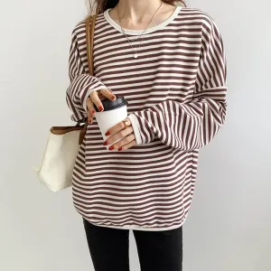 Wenkouban Loose Striped Tshirt Women Cotton Long Sleeve Tops T-Shirt Casual Korean Fashion O-Neck Tee Shirt Femme 2022 New Autumn Female