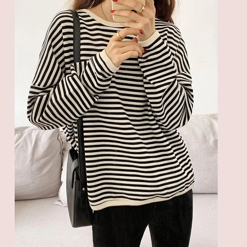 Wenkouban Loose Striped Tshirt Women Cotton Long Sleeve Tops T-Shirt Casual Korean Fashion O-Neck Tee Shirt Femme 2022 New Autumn Female