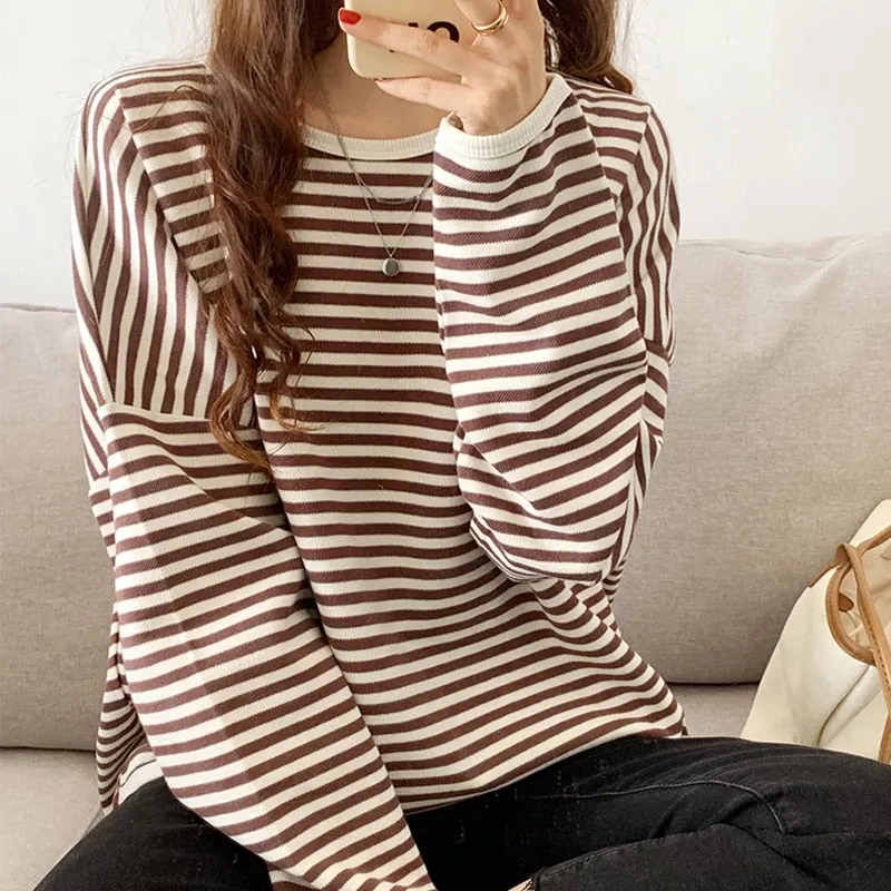 Wenkouban Loose Striped Tshirt Women Cotton Long Sleeve Tops T-Shirt Casual Korean Fashion O-Neck Tee Shirt Femme 2022 New Autumn Female