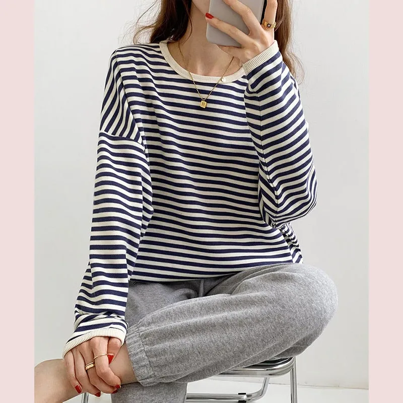 Wenkouban Loose Striped Tshirt Women Cotton Long Sleeve Tops T-Shirt Casual Korean Fashion O-Neck Tee Shirt Femme 2022 New Autumn Female