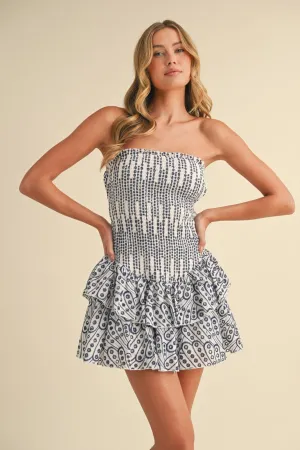 White & Blue Embroidered Mini Dress