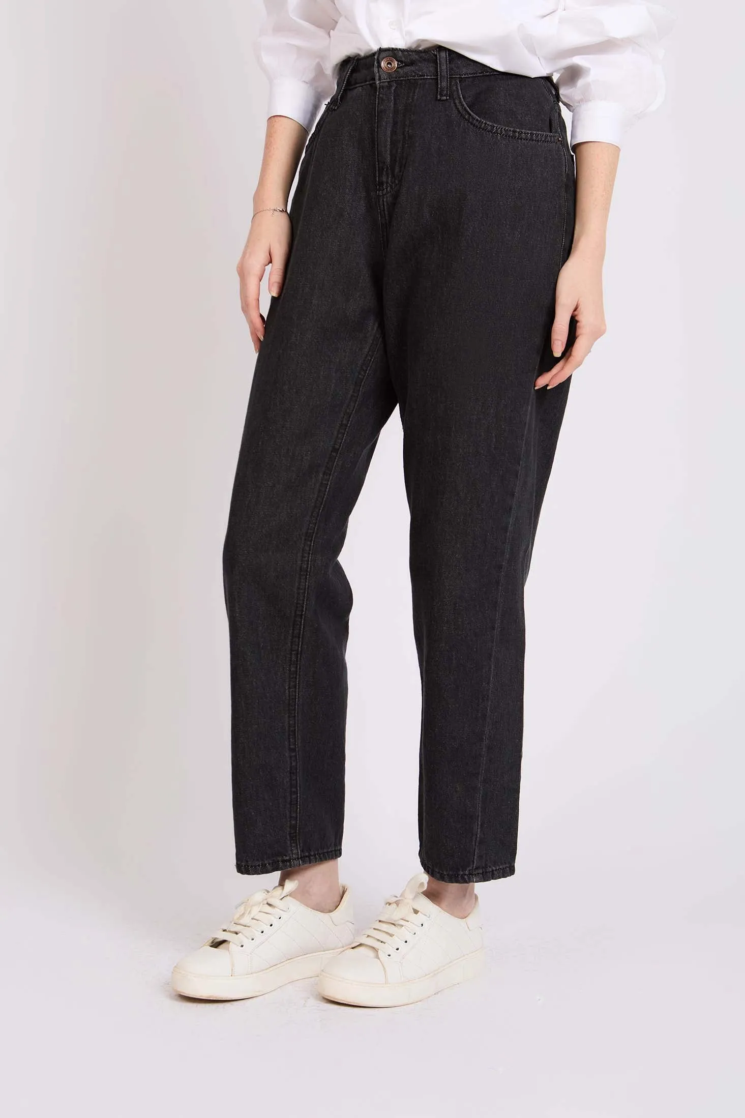 Women Relaxed Fit High Waist Denim Pant Charcoal