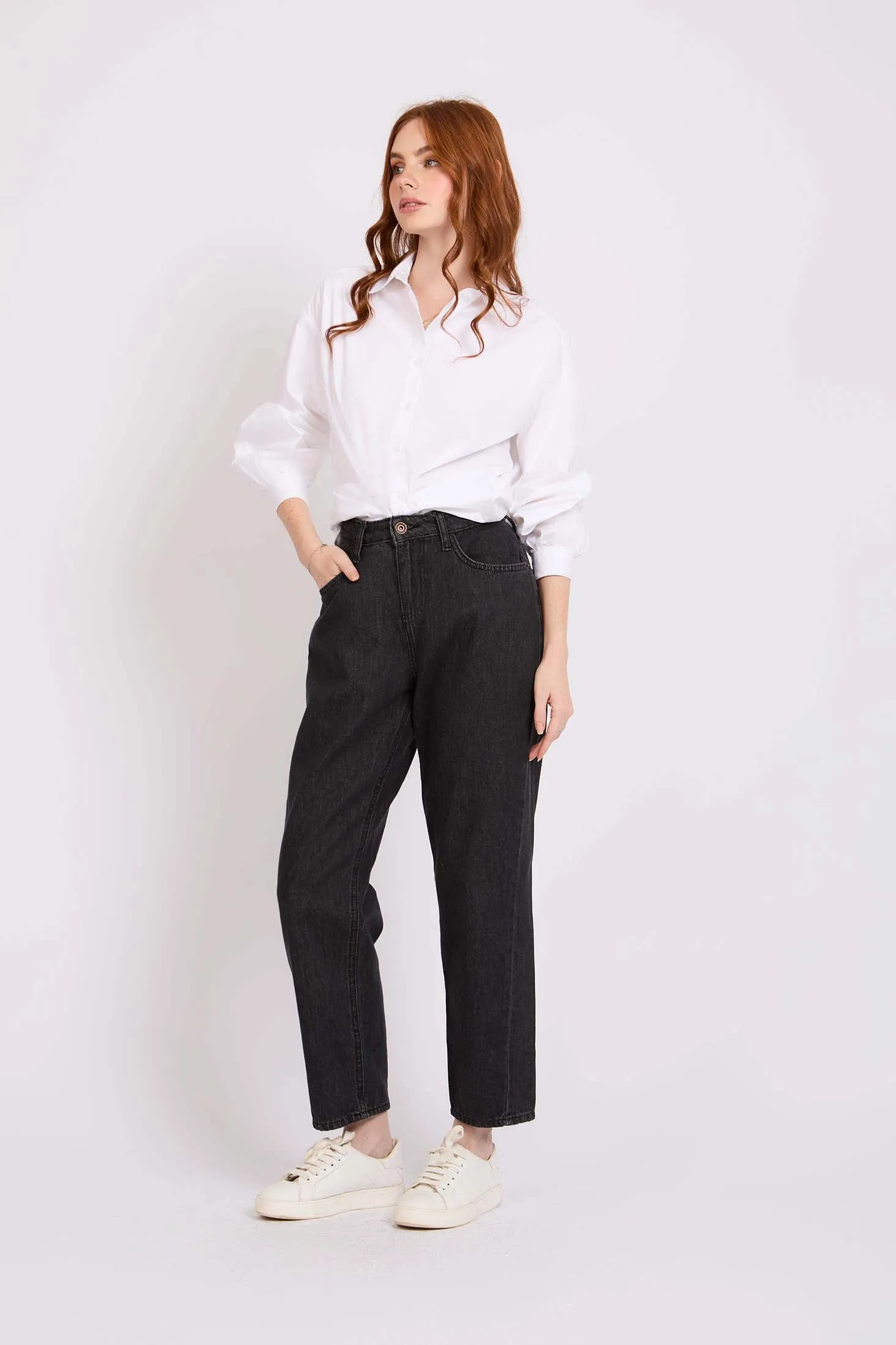 Women Relaxed Fit High Waist Denim Pant Charcoal