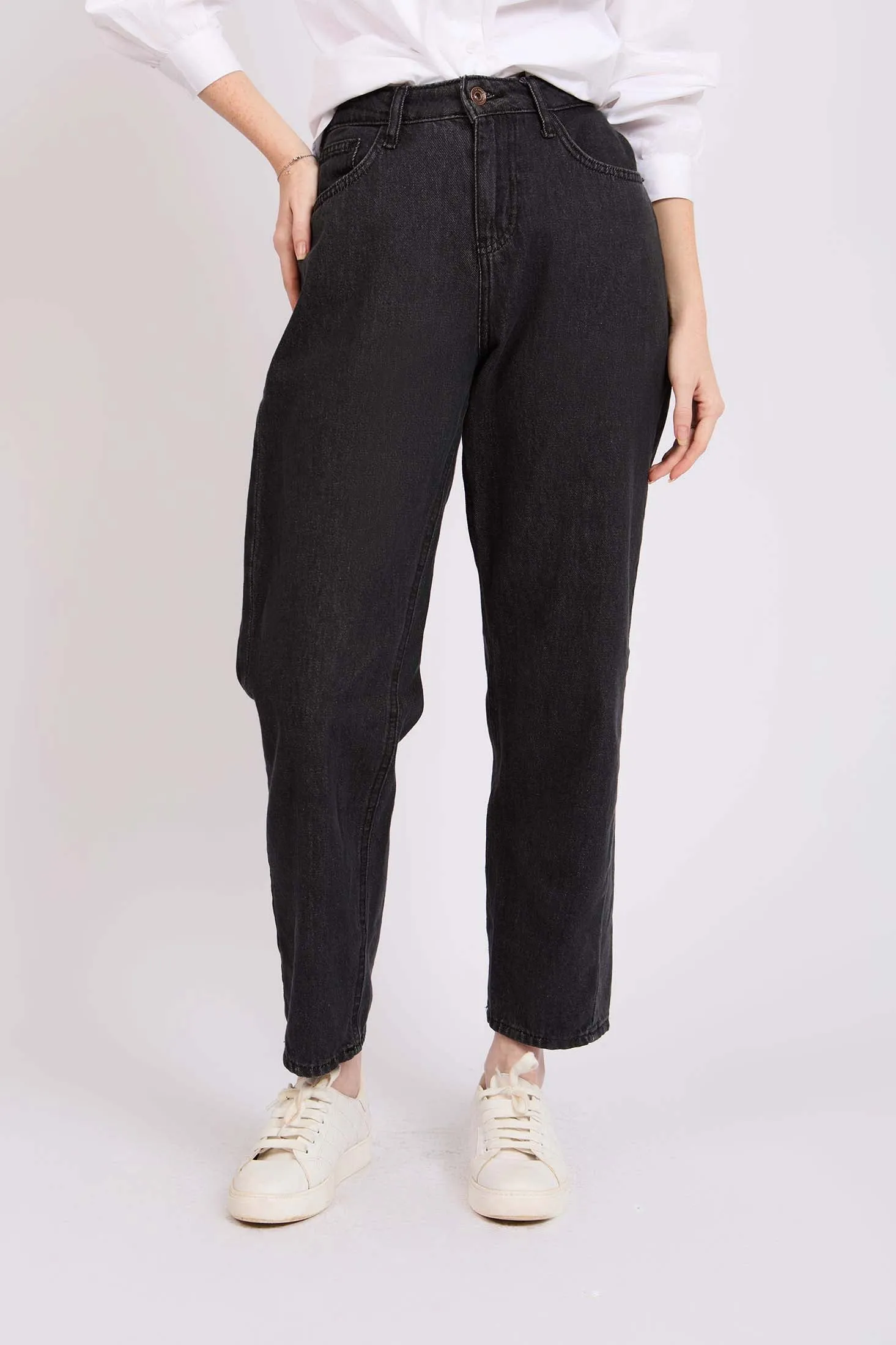 Women Relaxed Fit High Waist Denim Pant Charcoal