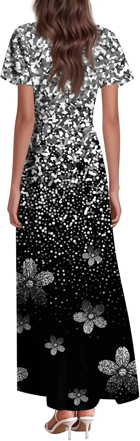 Women's Floral Maxi Elegant V-Neck Short Sleeve Summer Flowing A-Line Skirt for Casual & Formal Occasions