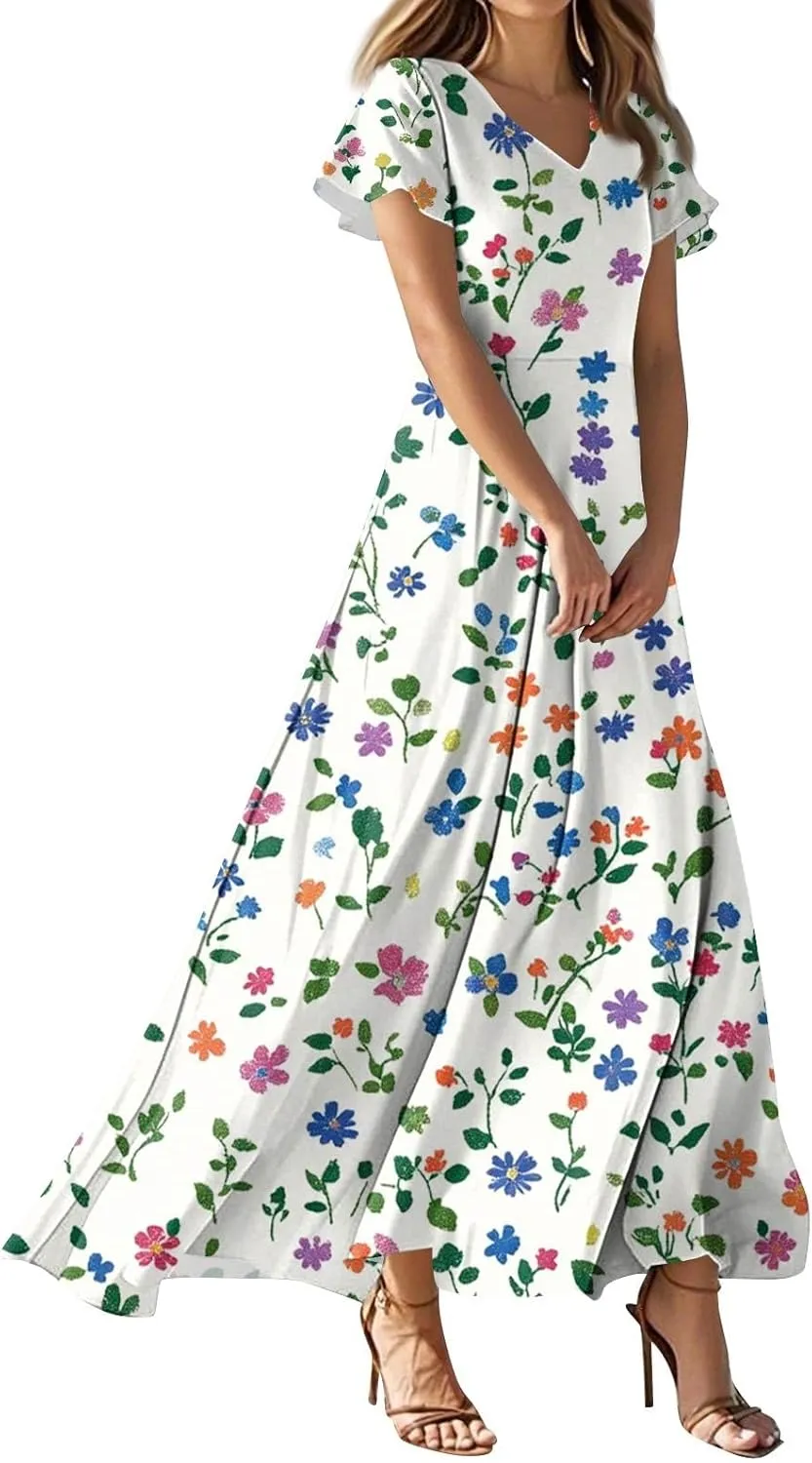 Women's Floral Maxi Elegant V-Neck Short Sleeve Summer Flowing A-Line Skirt for Casual & Formal Occasions