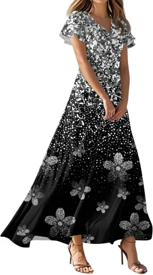Women's Floral Maxi Elegant V-Neck Short Sleeve Summer Flowing A-Line Skirt for Casual & Formal Occasions