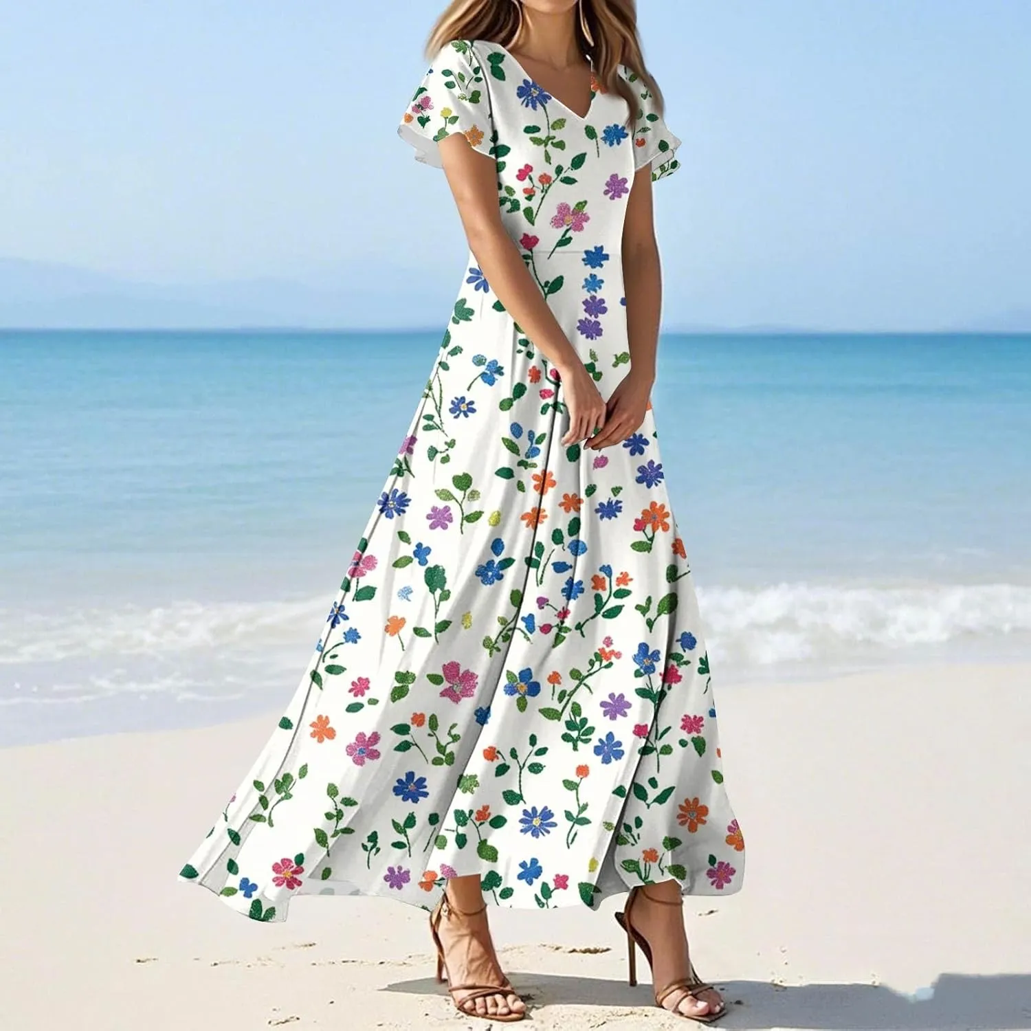 Women's Floral Maxi Elegant V-Neck Short Sleeve Summer Flowing A-Line Skirt for Casual & Formal Occasions