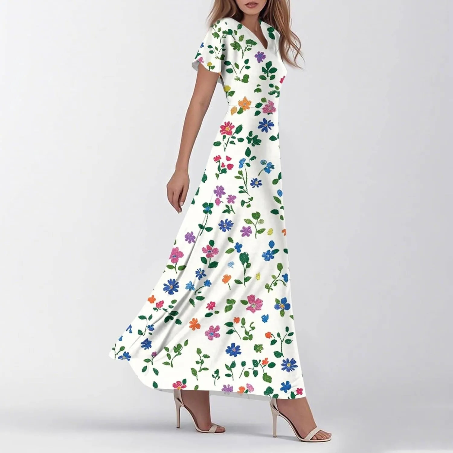 Women's Floral Maxi Elegant V-Neck Short Sleeve Summer Flowing A-Line Skirt for Casual & Formal Occasions