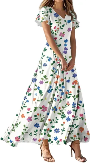 Women's Floral Maxi Elegant V-Neck Short Sleeve Summer Flowing A-Line Skirt for Casual & Formal Occasions