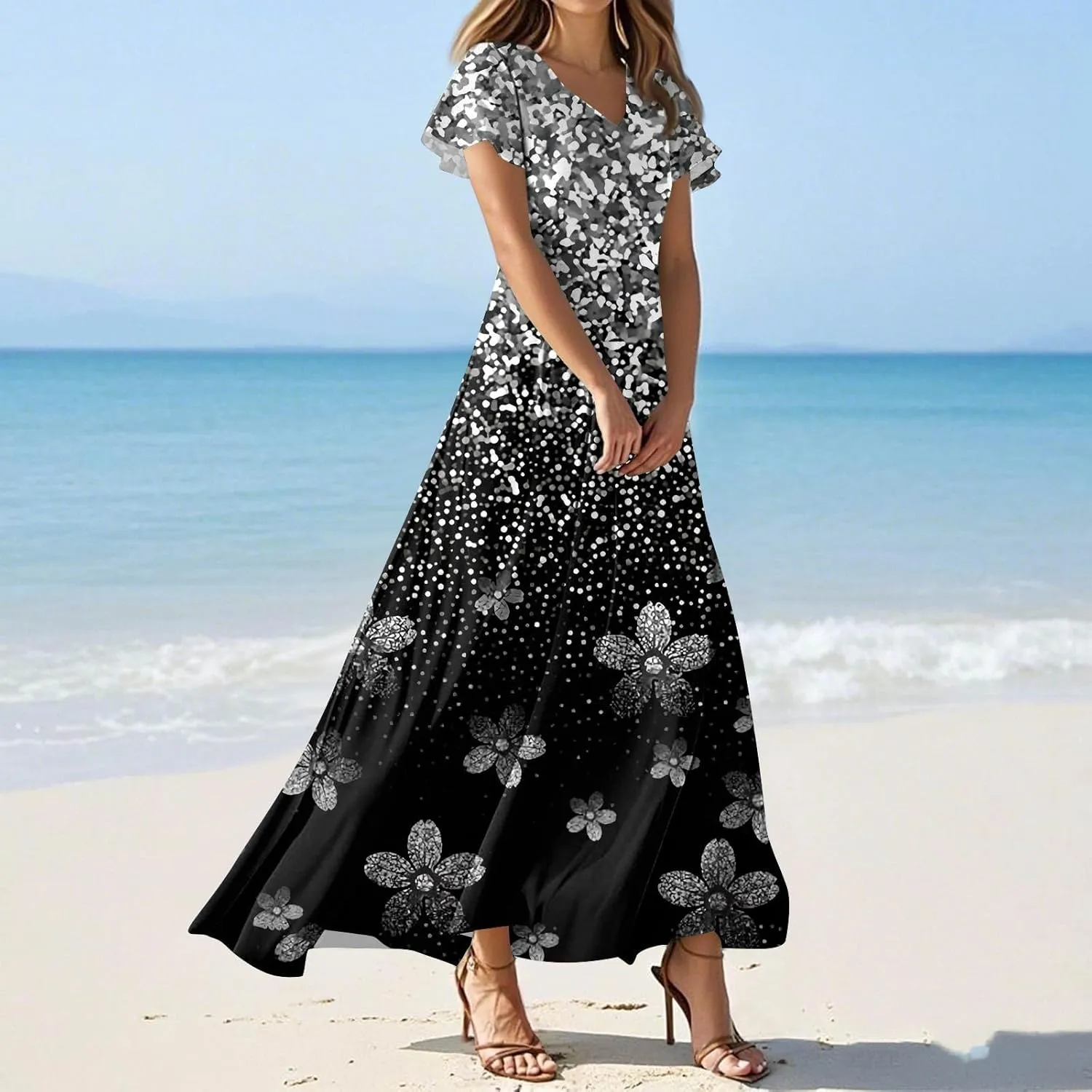 Women's Floral Maxi Elegant V-Neck Short Sleeve Summer Flowing A-Line Skirt for Casual & Formal Occasions