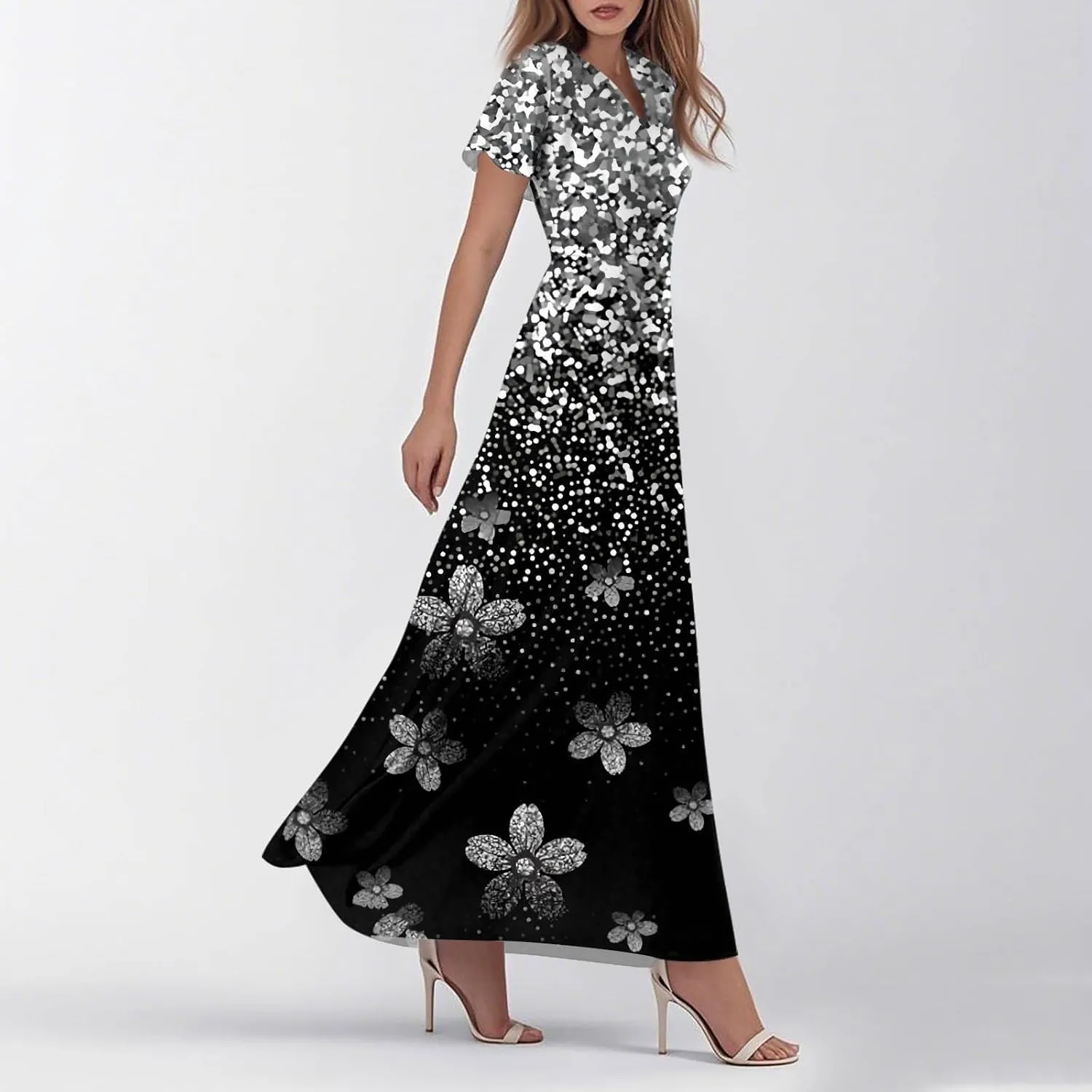 Women's Floral Maxi Elegant V-Neck Short Sleeve Summer Flowing A-Line Skirt for Casual & Formal Occasions