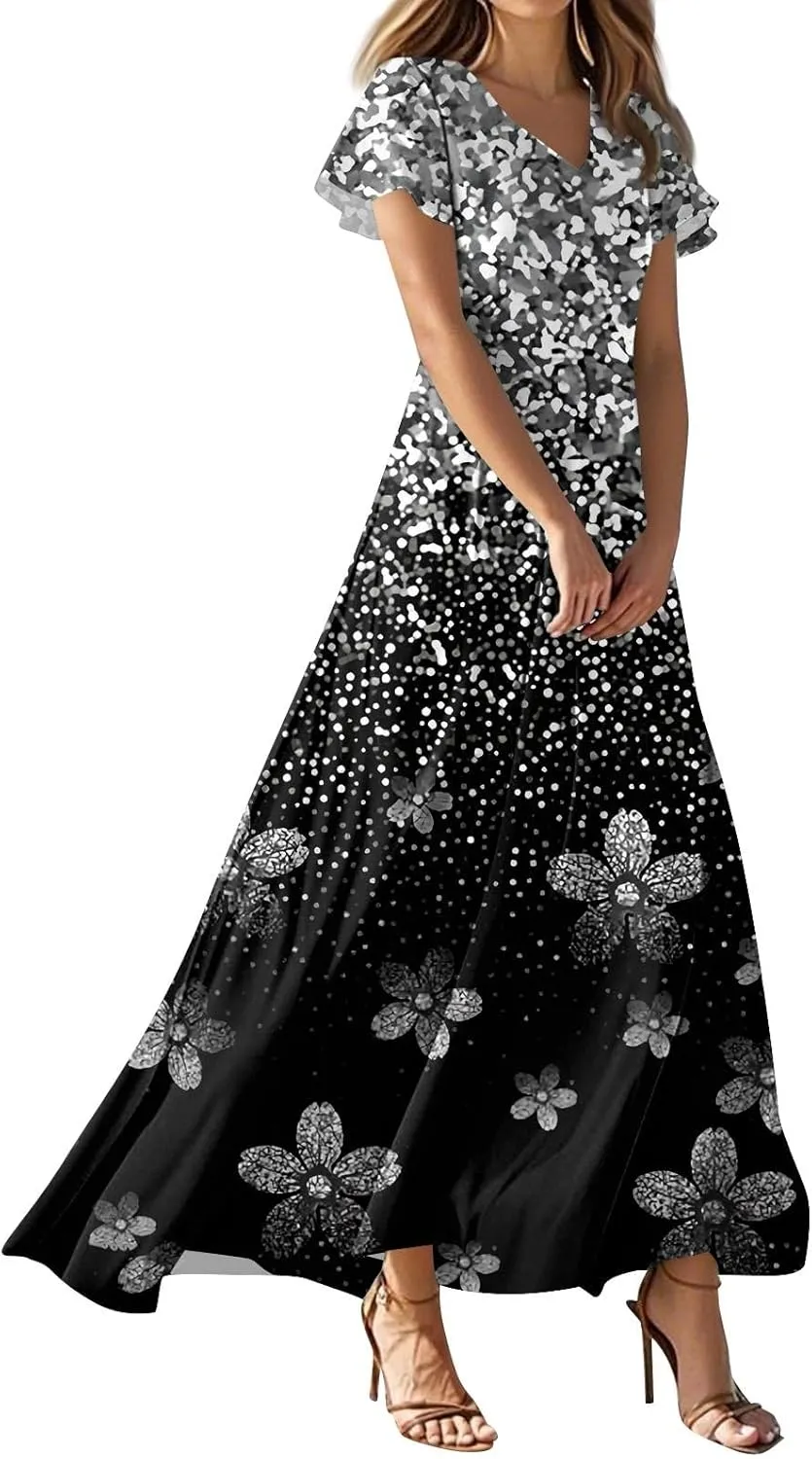 Women's Floral Maxi Elegant V-Neck Short Sleeve Summer Flowing A-Line Skirt for Casual & Formal Occasions