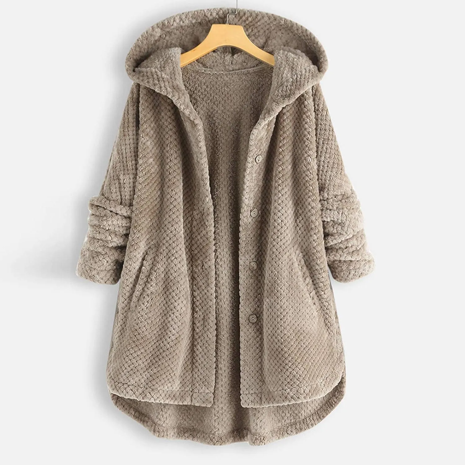 Womens Fuzzy Fleece Jacket Button Hem Plus Size Hoodie Top Sweater Blouse Outerwear with Pockets Snow Jackets for