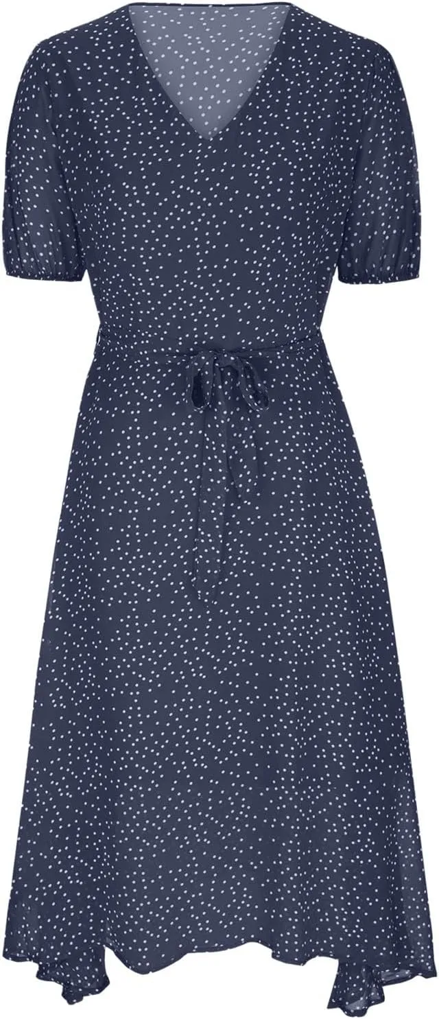 Womens Plus Size Casual Midi Boho Summer Dresses with Short Sleeves and Belt V-Neck Polka Dot Beach Vacation Sundress