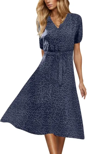 Womens Plus Size Casual Midi Boho Summer Dresses with Short Sleeves and Belt V-Neck Polka Dot Beach Vacation Sundress