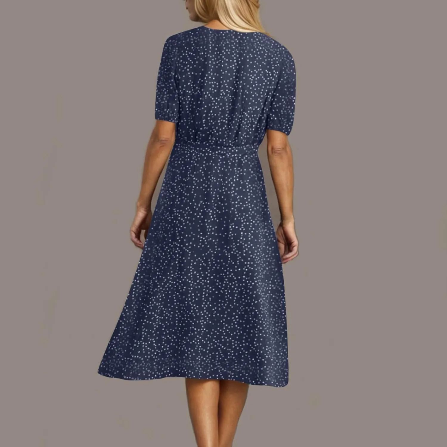 Womens Plus Size Casual Midi Boho Summer Dresses with Short Sleeves and Belt V-Neck Polka Dot Beach Vacation Sundress