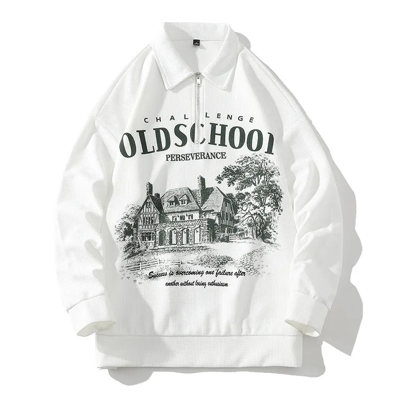 xiangtuibao Autumn Zipper Vintage Letter Print Polo Sweatshirts Harajuku Graphic Pullover Japan Street Oversized Waffle Hoodies Couple Tops