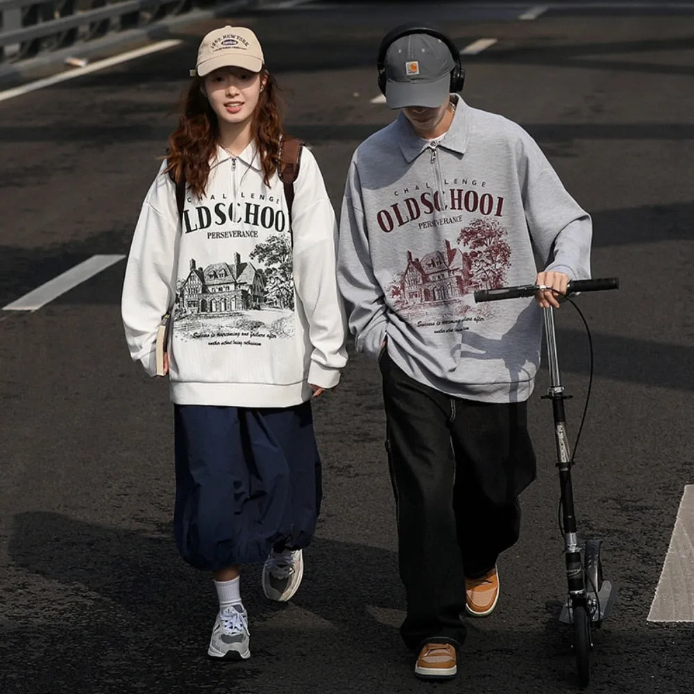 xiangtuibao Autumn Zipper Vintage Letter Print Polo Sweatshirts Harajuku Graphic Pullover Japan Street Oversized Waffle Hoodies Couple Tops