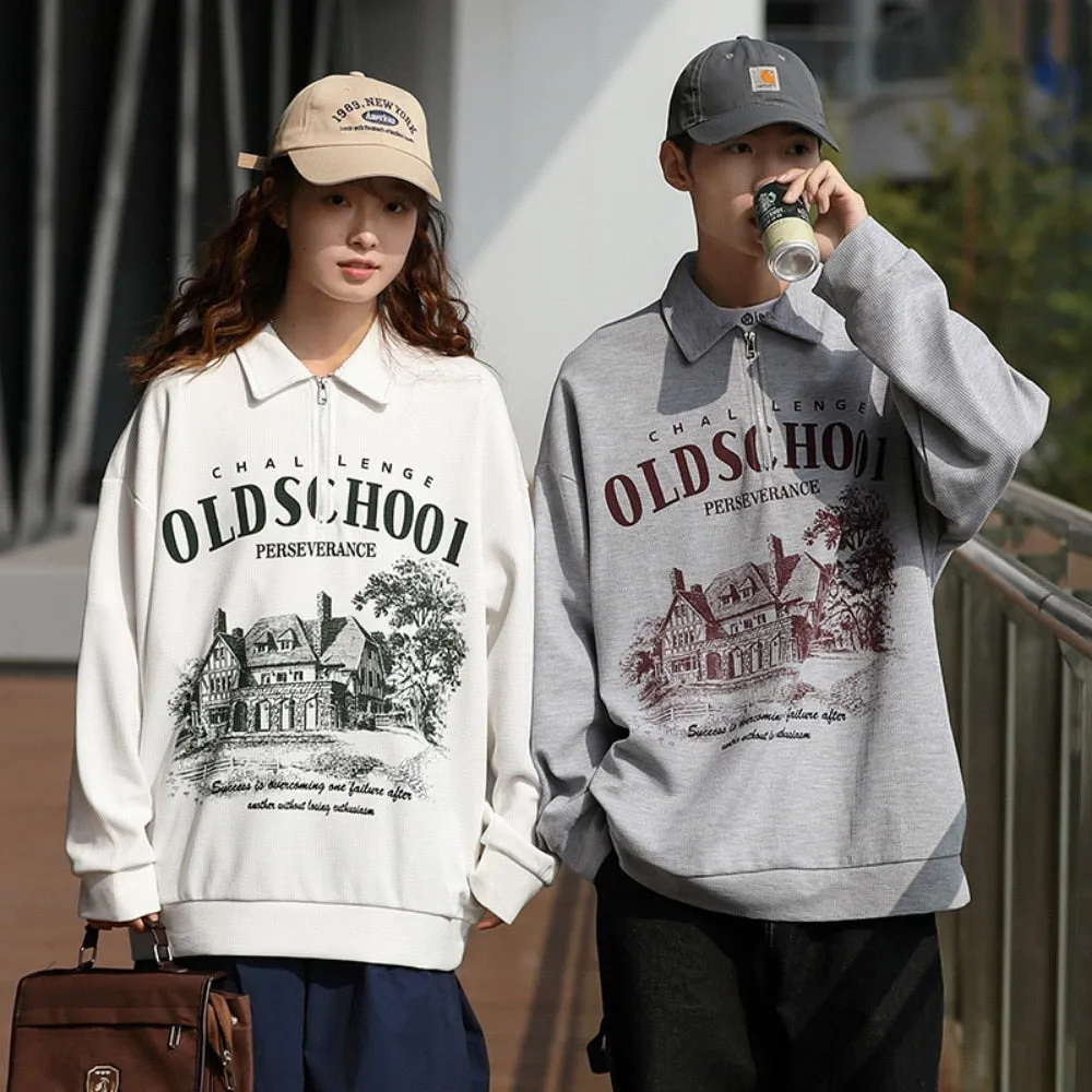 xiangtuibao Autumn Zipper Vintage Letter Print Polo Sweatshirts Harajuku Graphic Pullover Japan Street Oversized Waffle Hoodies Couple Tops