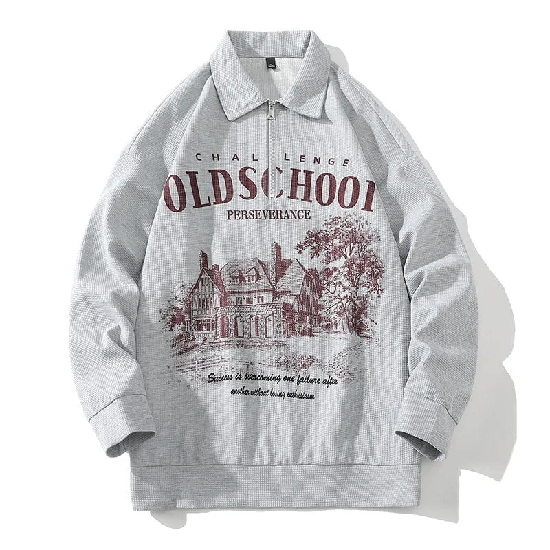 xiangtuibao Autumn Zipper Vintage Letter Print Polo Sweatshirts Harajuku Graphic Pullover Japan Street Oversized Waffle Hoodies Couple Tops